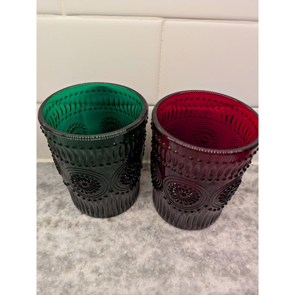 Red Green Pressed Glass Tumblers Votive Candle Holders Embossed Set of 2
